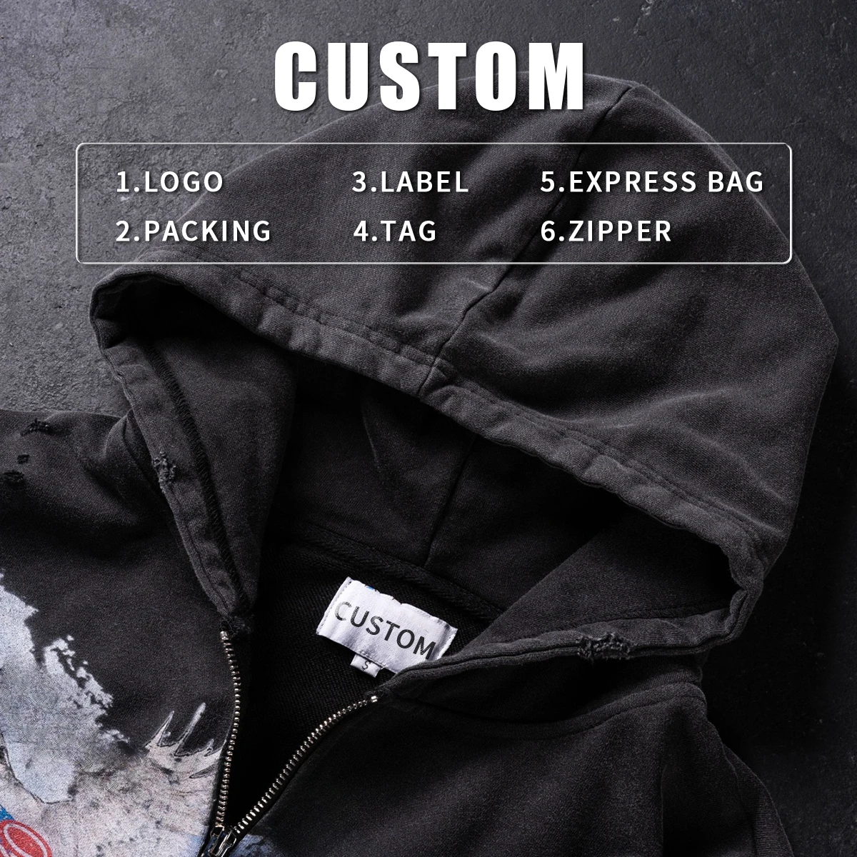 product 400gsm mens vintage acid wash zip up oversized hoodie manufacturers heavyweight digital printing and ribbed cuffs design-5