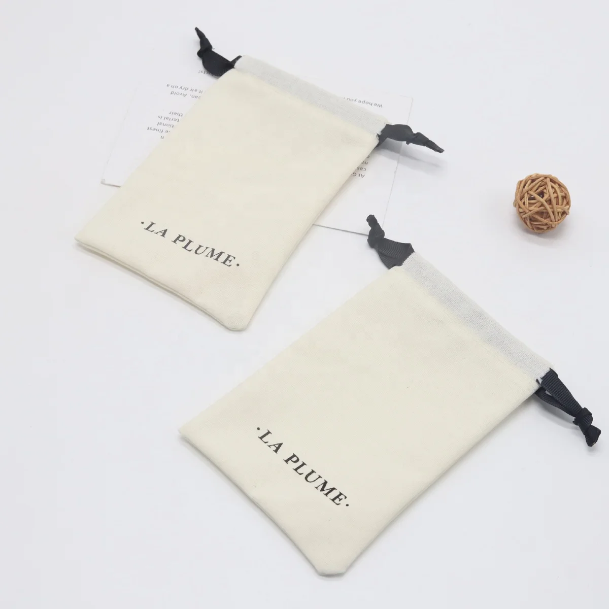Custom Black Logo Small Cotton Cosmetic Jewelry Drawstring Bag Mini Calico Muslin Essential Oil Gift Bag