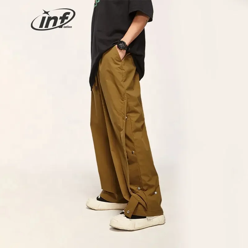 Custom Solid Color Plain Baggy Trousers Button Decorate Straight Streetwear Wide Leg Pants For Men
