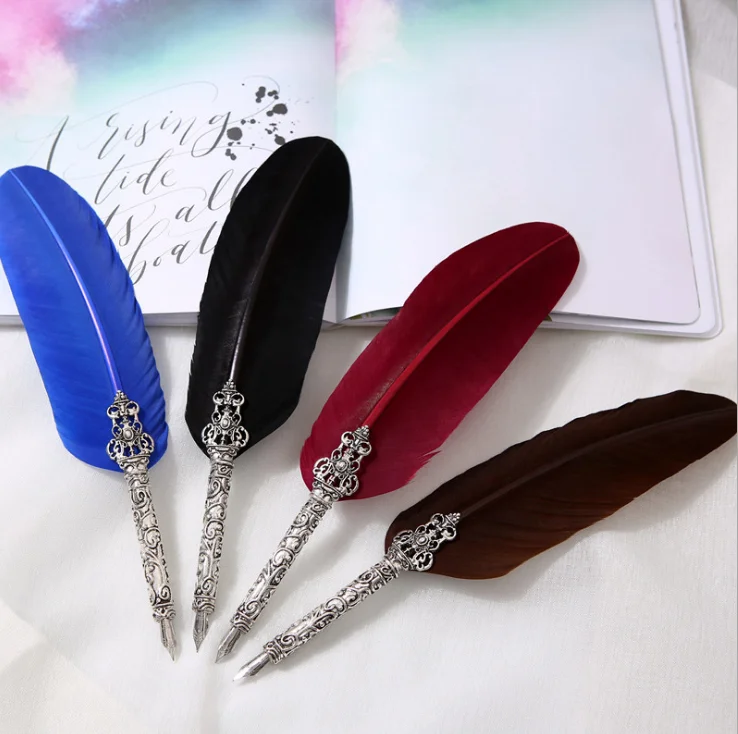 Hot sale european elegant classic feather pen metal pen stem quill feather dip ball point pen