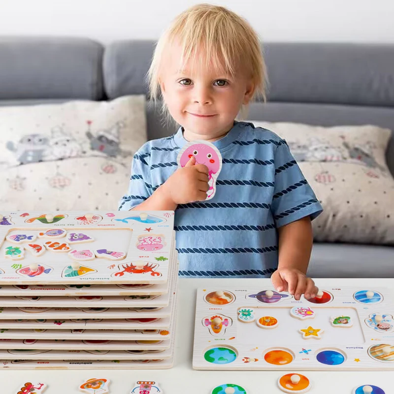 Planche à main en bois, Puzzle avec animaux, jeux de pêche, jouets d'apprentissage, Puzzle pour enfants d'âge préscolaire, usine éducative