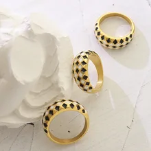 Vintage Retro Enamel Finger Jewelry Classic Black White Grid Checkerboard Gold Plate Stainless Steel Rings For Women