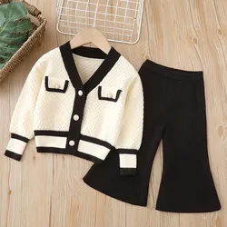 2023 Luxury Style knitted Baby Sweater 2pcs Girl Clothing Sets V-Neck Pearl Button Sweater Wide-leg Pants Kids Winter Clothing