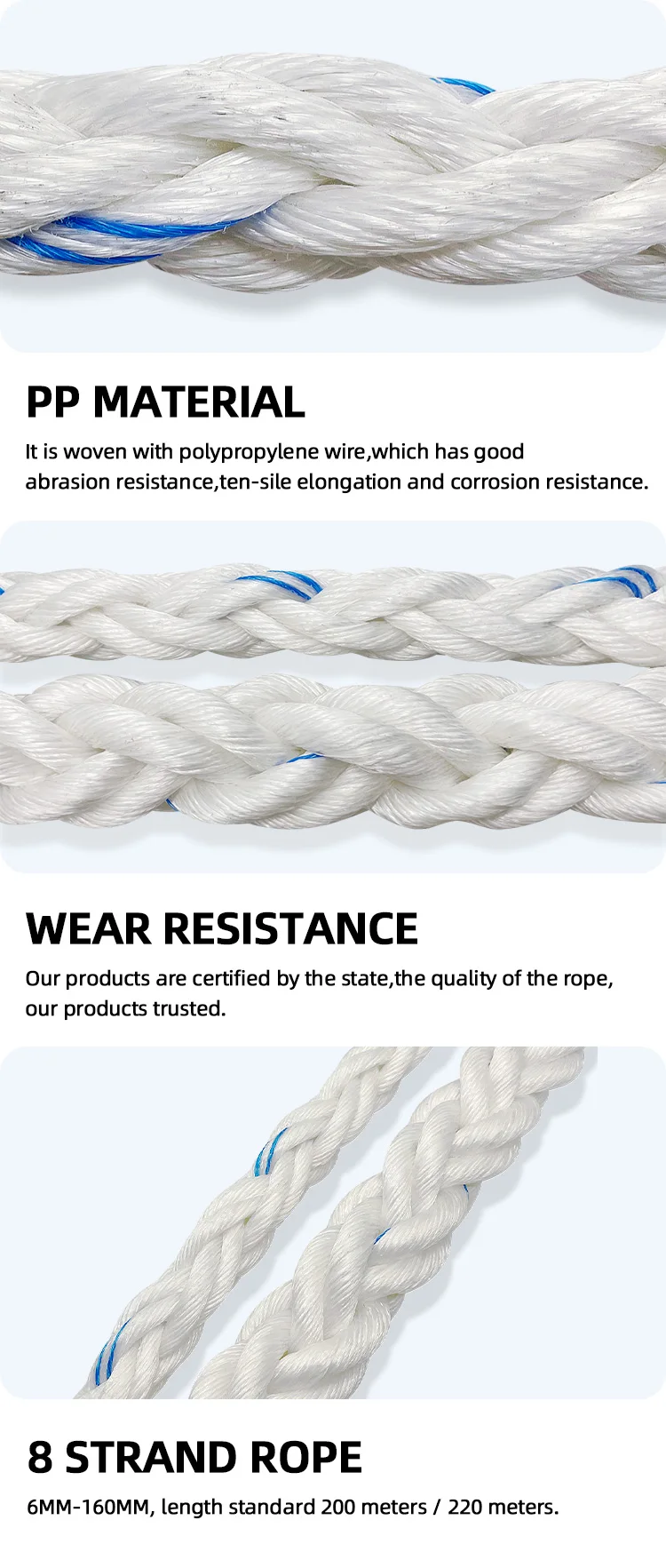 Fabrication de cordes d'amarrage marin à 6 brins de 160 à 8 mm