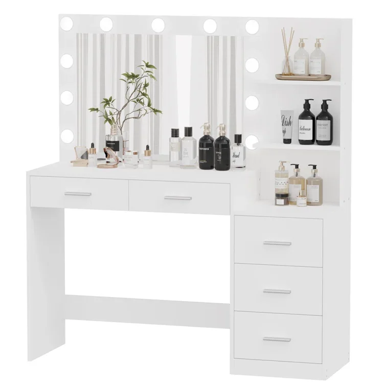 Modern beautiful makeup dressing table with LED lighted mirror and 5 drawers Luxury style wooden vanity table with mirror