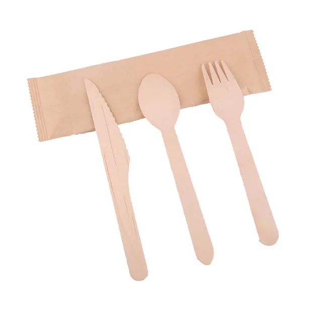 Biodegradable disposable wood cutlery set in a pouch individual pack wood spoon/fork/knife set
