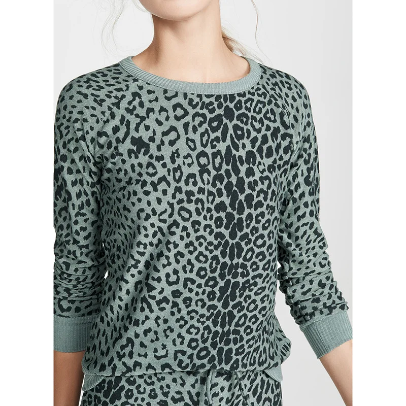 New Style Spring Autumn Women's Leopard Print Round Neck Knitted Sweater Long Sleeve Top Green Leopard Thin T Shirt