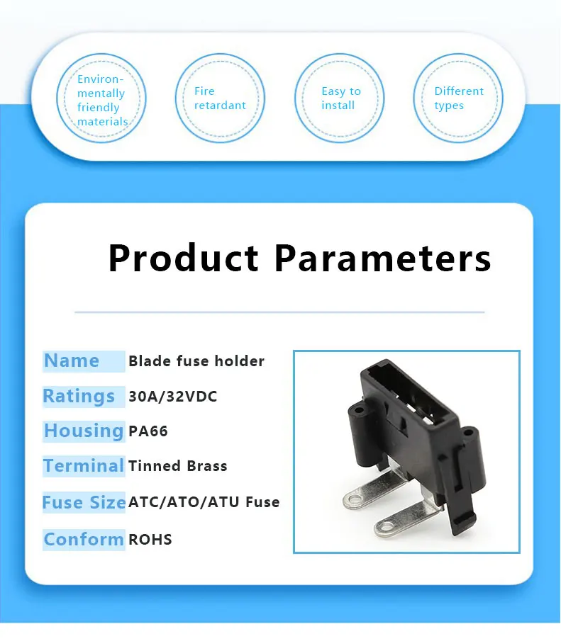 PA66 PCB Mount Blade Fuse Holder with Brass Terminal and Black Finish for Automotive Applications