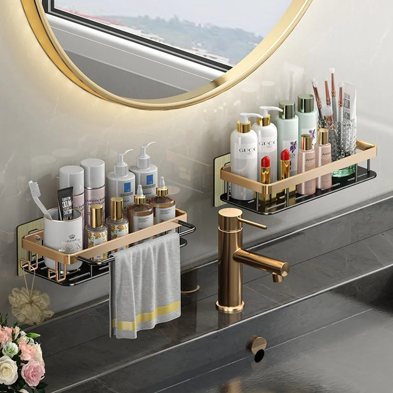 Bathroom Shelves Without Drilling Rust Proof Aluminum Shower Wall Shampoo Towel Holder Bathroom Organizer