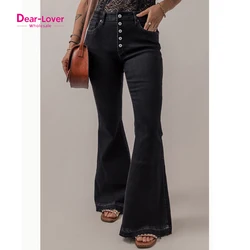 Dear-Lover Cotton Women Black High Waist Button Front Flare Ladies Jeans
