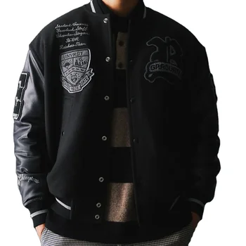 Customized Men's Leather Color Contrast Single Breasted Embroidered Baseball Jacket