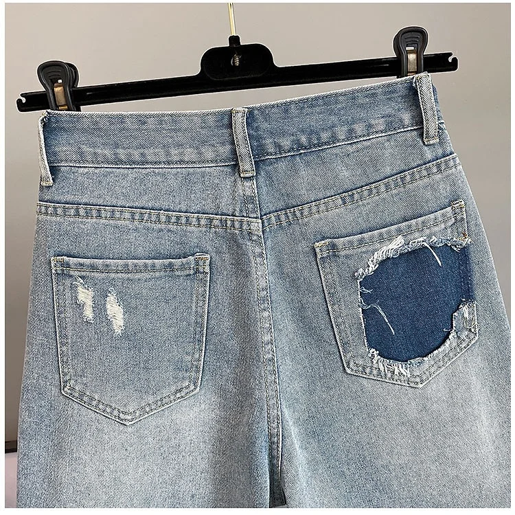Street Rhinestone Beaded High Waist Denim Shorts Women Summer New Slim Fit All-Match Ripped Short Jeans Tassel Hot Pants