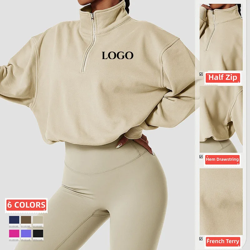 Gym Clothing French Terry Fall 2023 Women Clothes Zip Crop Top Women's Hoodies & Sweatshirts Pullover Gym Run Sports Sweaters Ju