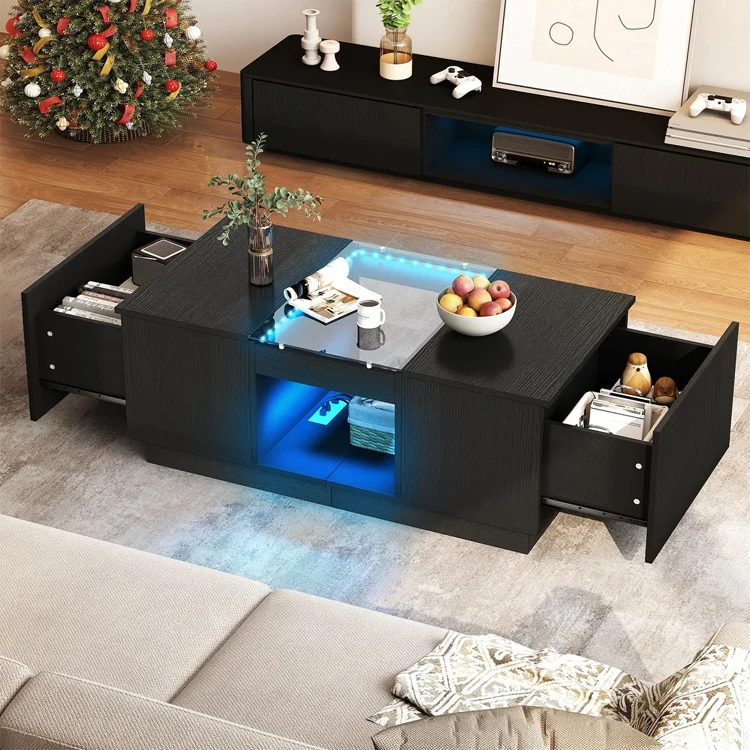 Led lighting living room furniture glass display coffee table ith storage drawers