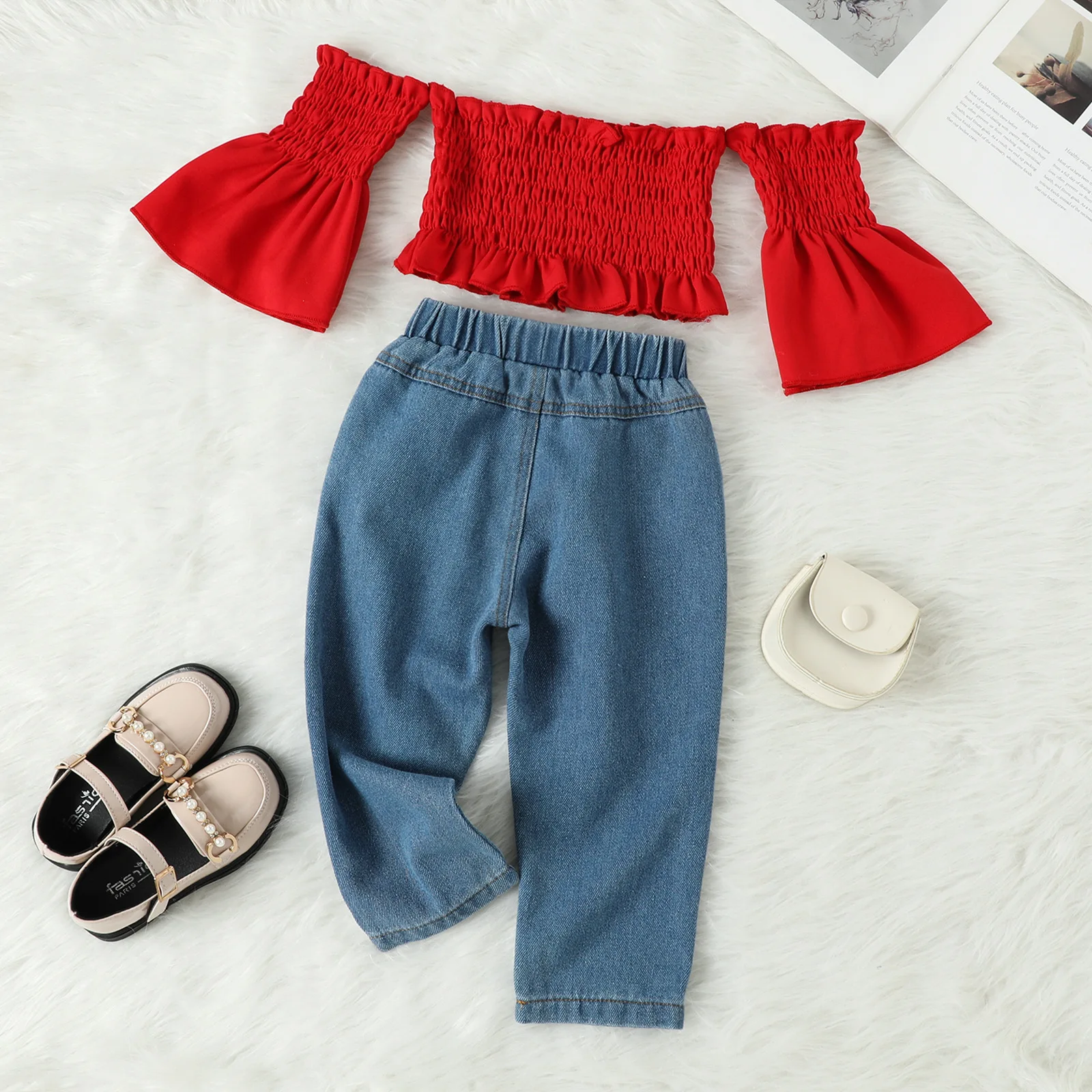 Toddler baby girls clothing outfits boutique off shoulder shirts tops+ripped denim trousers two piece clothes for kids