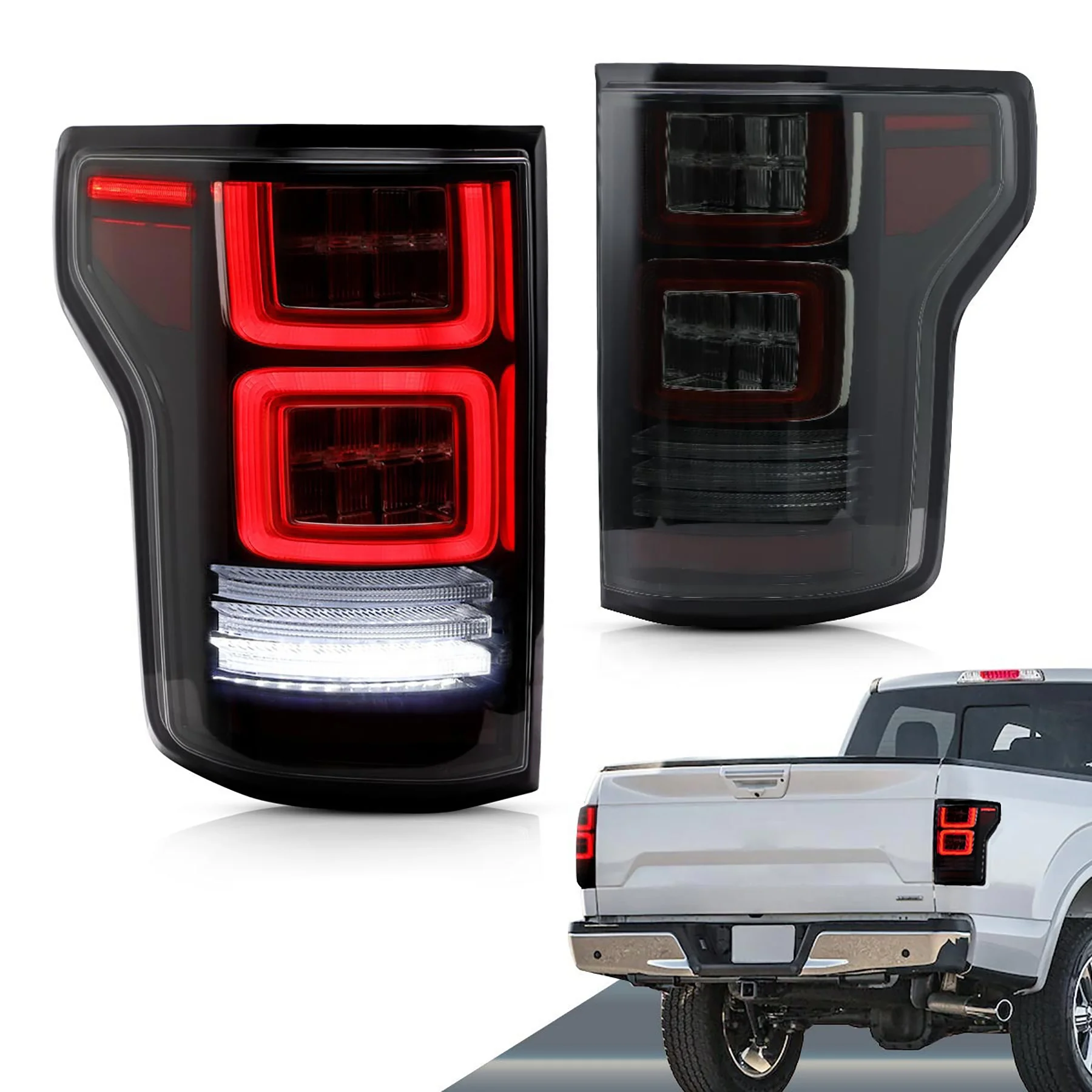 MOSTPLUS Full LED Tail Lights Compatible for Ford F-150 F150 2015 2016 2017 Rear Lamp Assembly Red Clear 