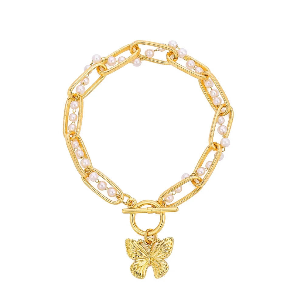 New Pearl metal chain double wound bracelet ins temperament butterfly pendant alloy jewelry