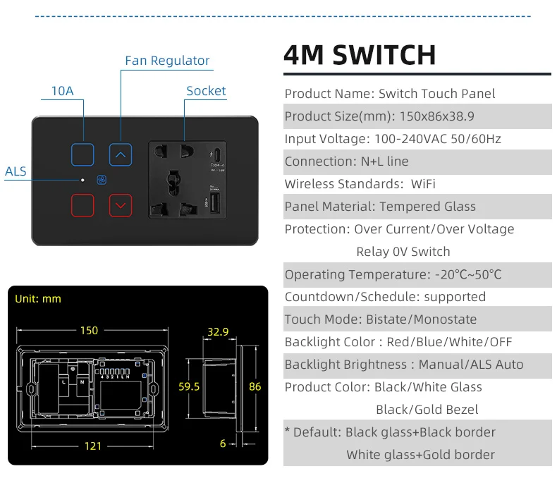 Tuya Smart WIFI India Standard 2M Wall Switch Fan Dimmer Light Control Combo Switch Support Alexa and Google Assistant