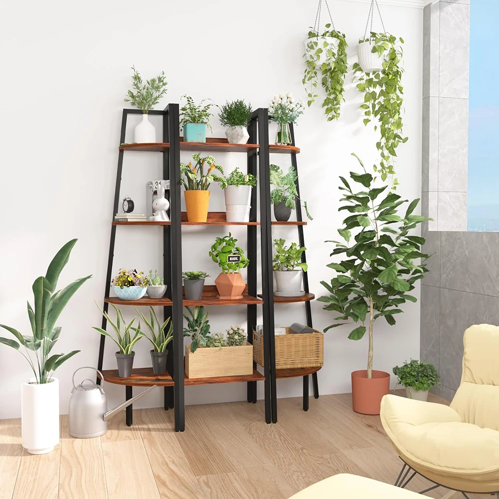 Modern 4-Tier Wooden/Metal Ladder Bookshelf-Tall Corner Design for Narrow Spaces Living Room & Home Office Storage factory