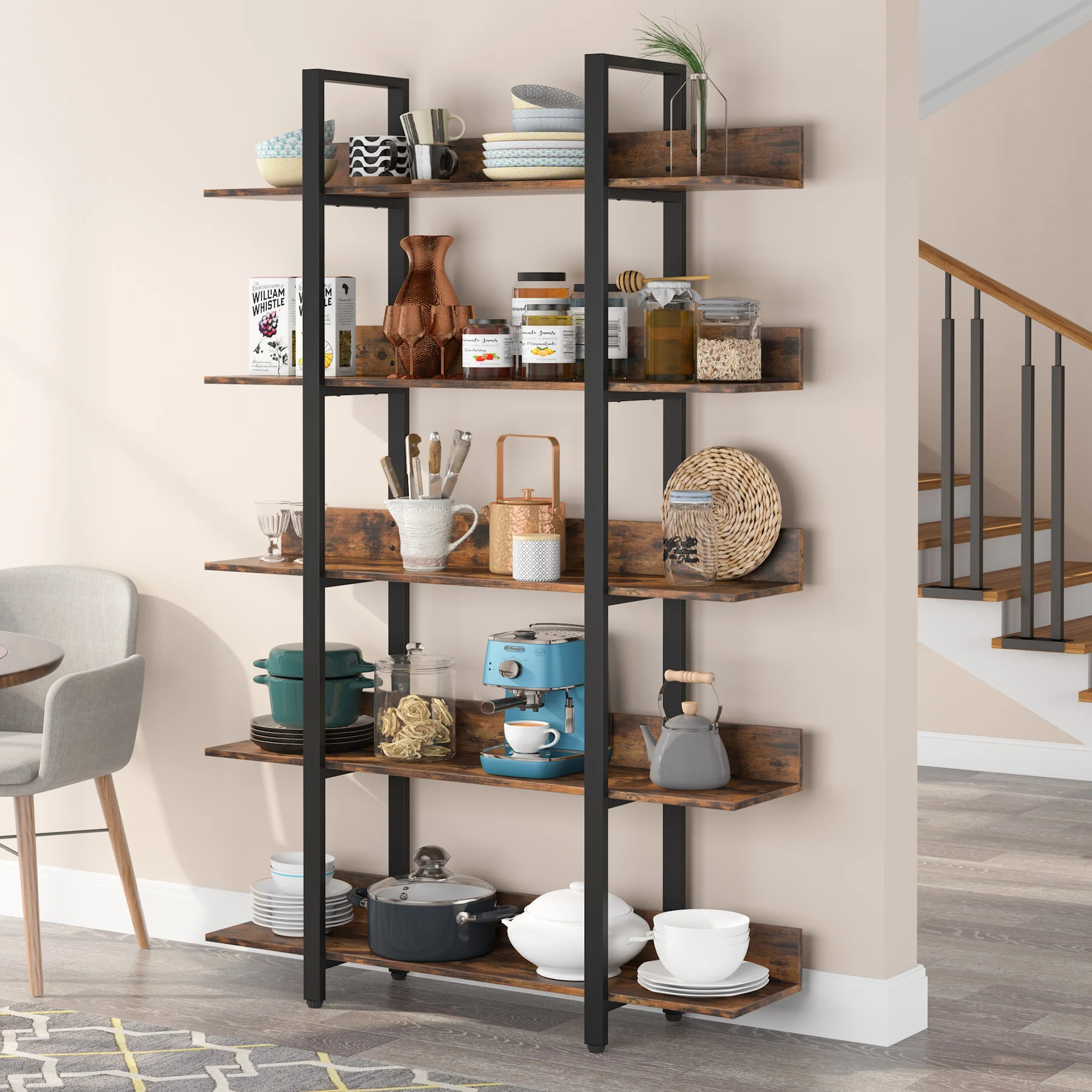 Industrial Home Office Furniture 5 tier Etagere Bookcase Freestanding Vintage Bookshelf with Open Storage Display Unit