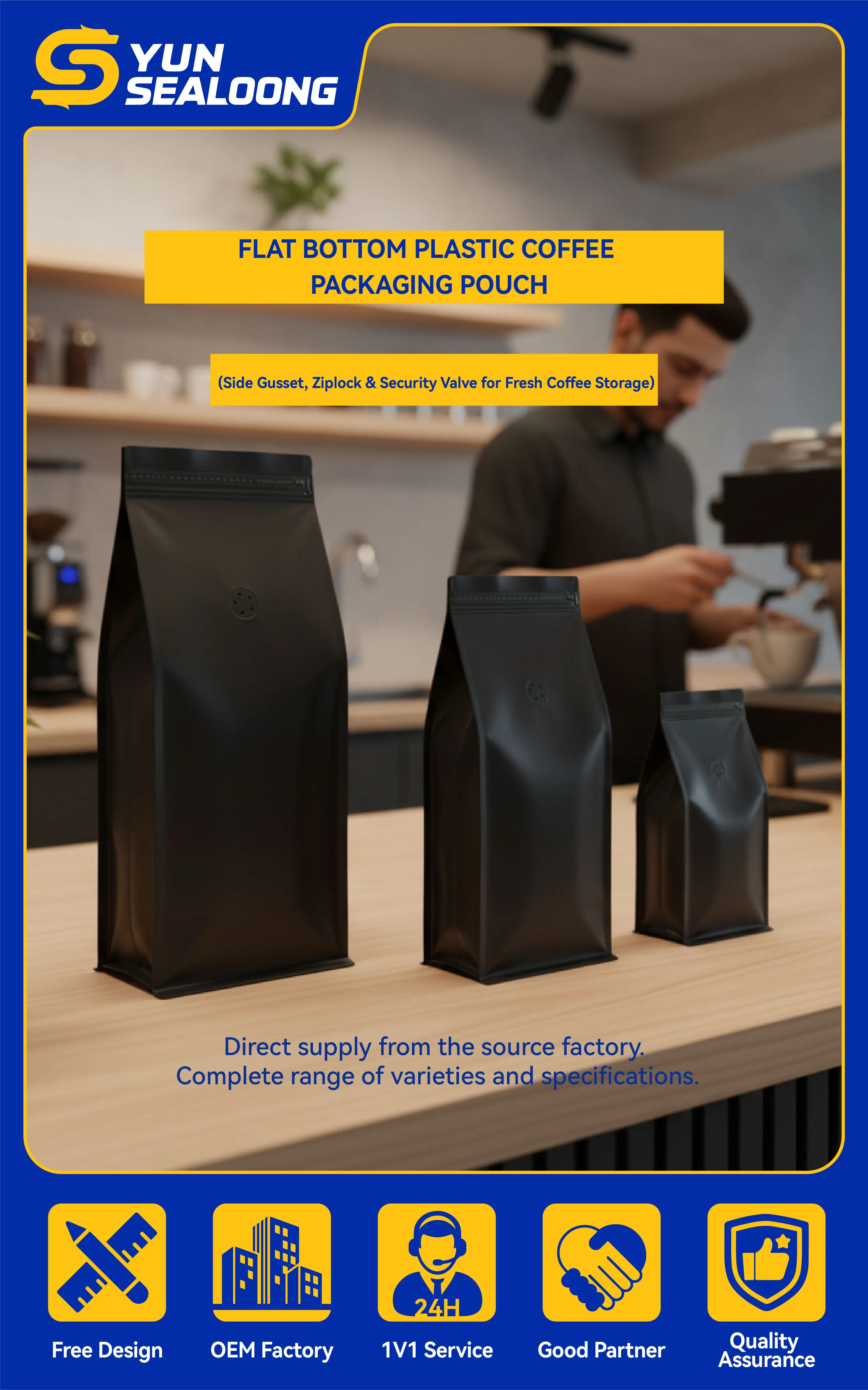 Wholesale Flat Bottom Plastic Coffee Packaging Pouch with Side Gusset, Ziplock, and Security Valve for Freshness Preservation