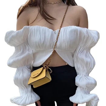 New Arrival Favorite Fashion Lady Set Woman Clothes Off Shoulder Top Ladies Pleated Shirt Blouses Tops White