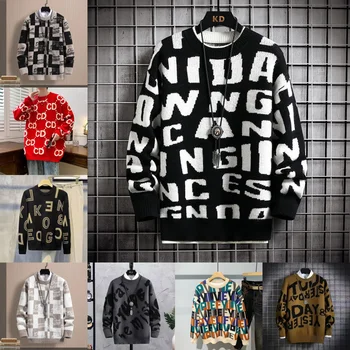 Men's Wool Pullover Classic O-Neck Letter Jacquard Knitwear Oversized Thick Warm Plus size Knit Men's Sweater