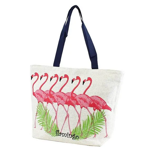 Custom print on demand Flamingo pattern burlap beach bag tote bag for  handbag ladies