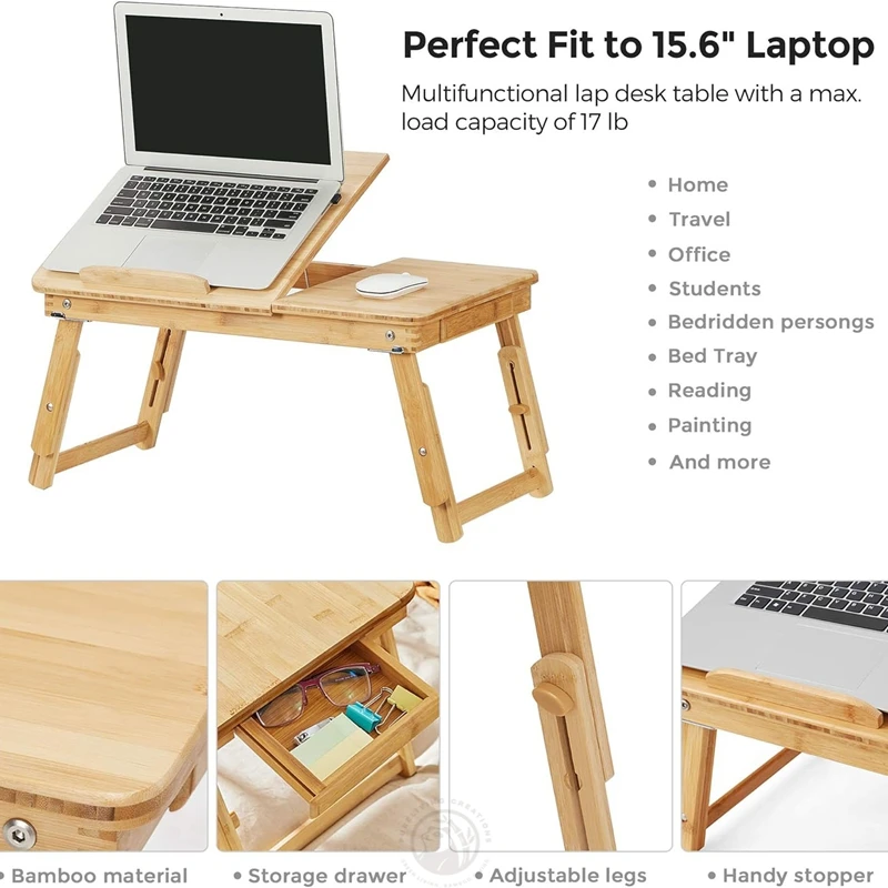 Portable Bamboo Wooden Adjustable Laptop Stand Practical Wood Laptop Table Desk