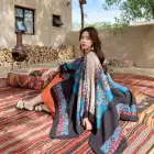 Scarf Luxury Brand Ponchos Coat Blue Pink Persian Striped Slit Scarf Thick Capes Blanket Femme Shawl