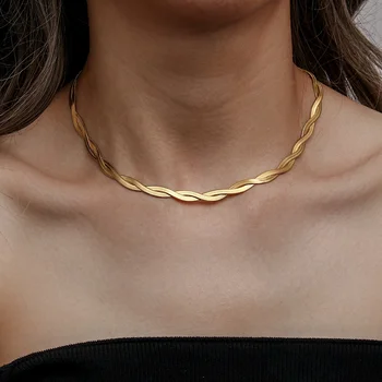 New trendy PVD 18K Gold stainless steel twisted flat snake herringbone Double Braid chain choker necklace