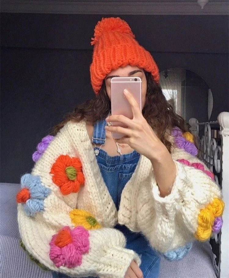 3D Flowers Short Cardigans Thick Warm Vintage Autumn Winter Women Sweaters Korean Fashion V Neck Sweet Knitwears