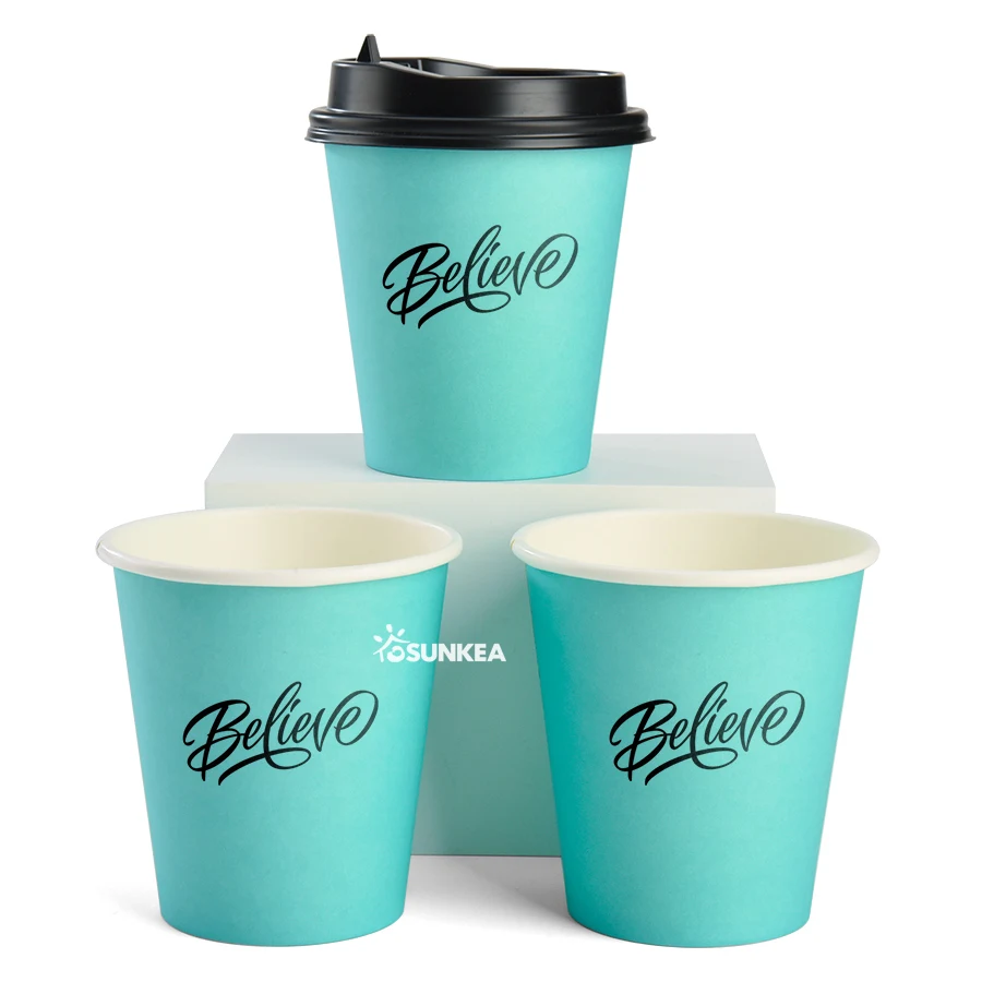 Sunkea  custom brand logo disposable coffee paper cup with lid