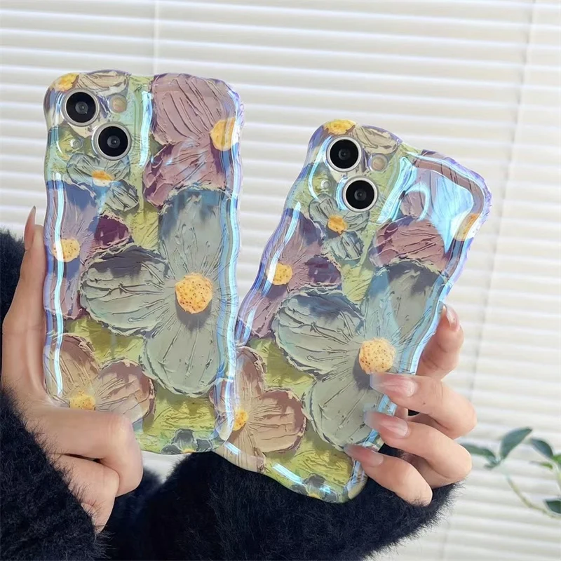Retro Oil Painting Flowers Phone Case For iPhone 14 13 12 11 Pro Max Camera Protection Wavy Edge Back Cover Shell Cases