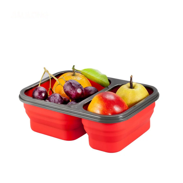 2 Compartments Silicone Bento Box with spoon Fork Collapsible Silicone Bento Lunch Box container
