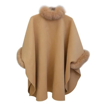 Jtfur Winter Clothes Korean Style Fox Fur Collar Elegant Woolen Coat Ladies Cloak Shawl Coat for Women