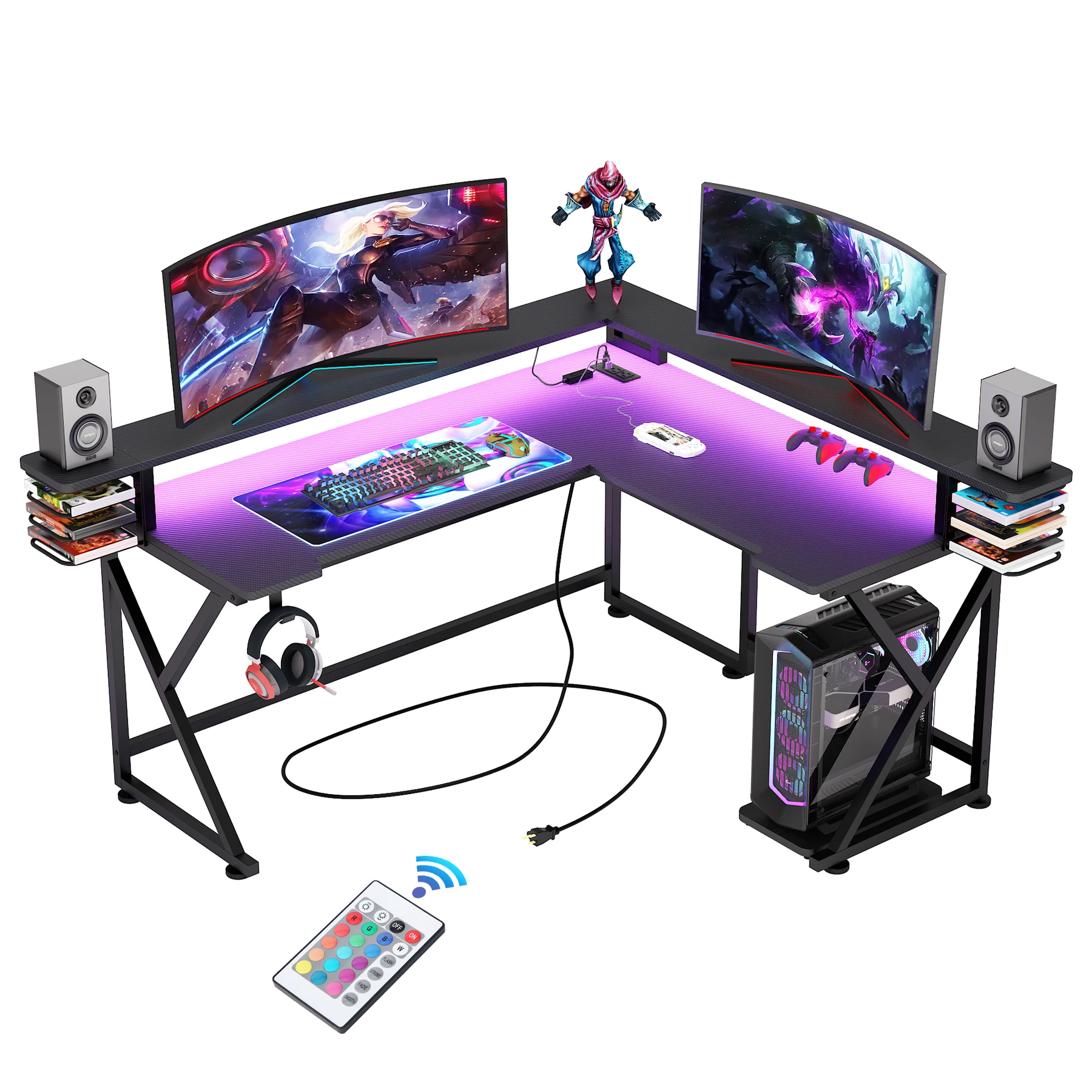 Tribesigns Ergonomic Black 61 inch Computer Corner Gaming Desk L Shaped with USB Port Hook Led Light Power Outlet Monitor Stand