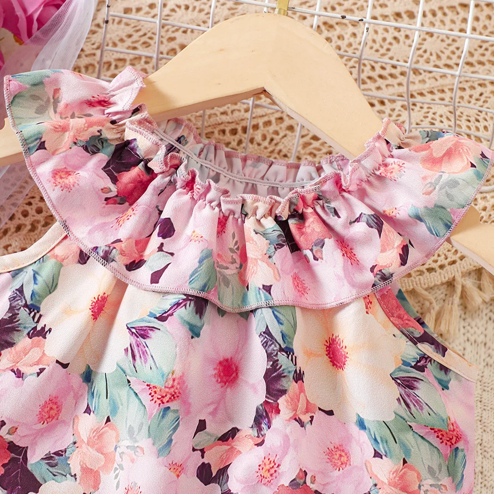Summer toddler baby girls clothing sets lace flower print tops matching shorts two piece toddler kids clothes with belt