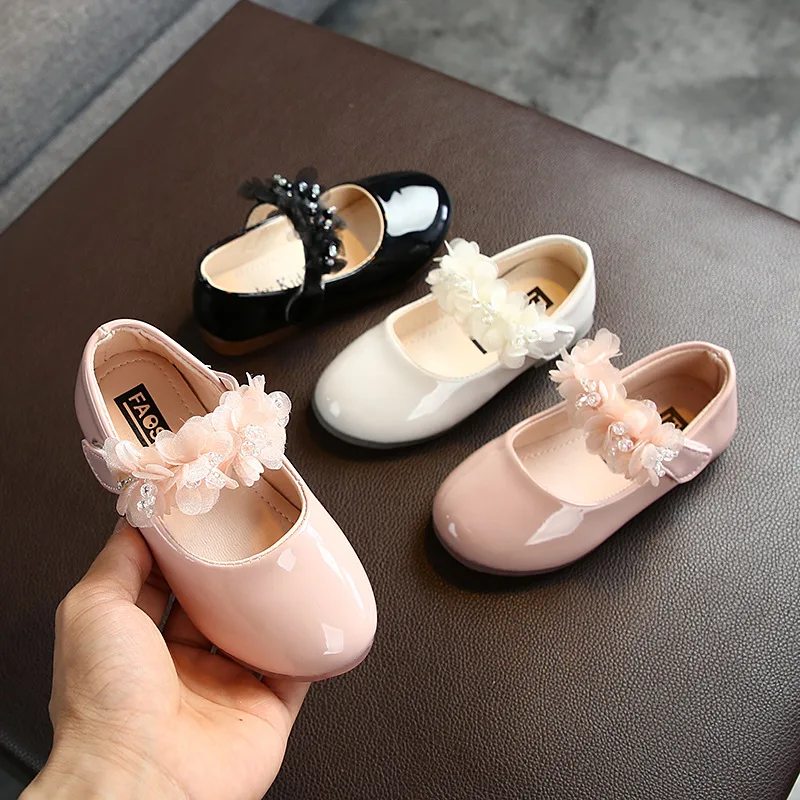 Spring and Autumn New Solid Color Girls' Lace Single Shoes Children's Flat Bottom Leather Shoes Fashion Baby Shoes