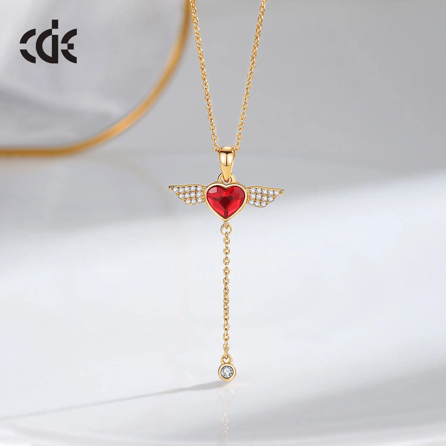 CDE YN1207 Fine Jewelry 925 Sterling Silver Rose Gold Plated Wholesale Heart Crystal Necklace Zircon Angel Wing Pendant Necklace