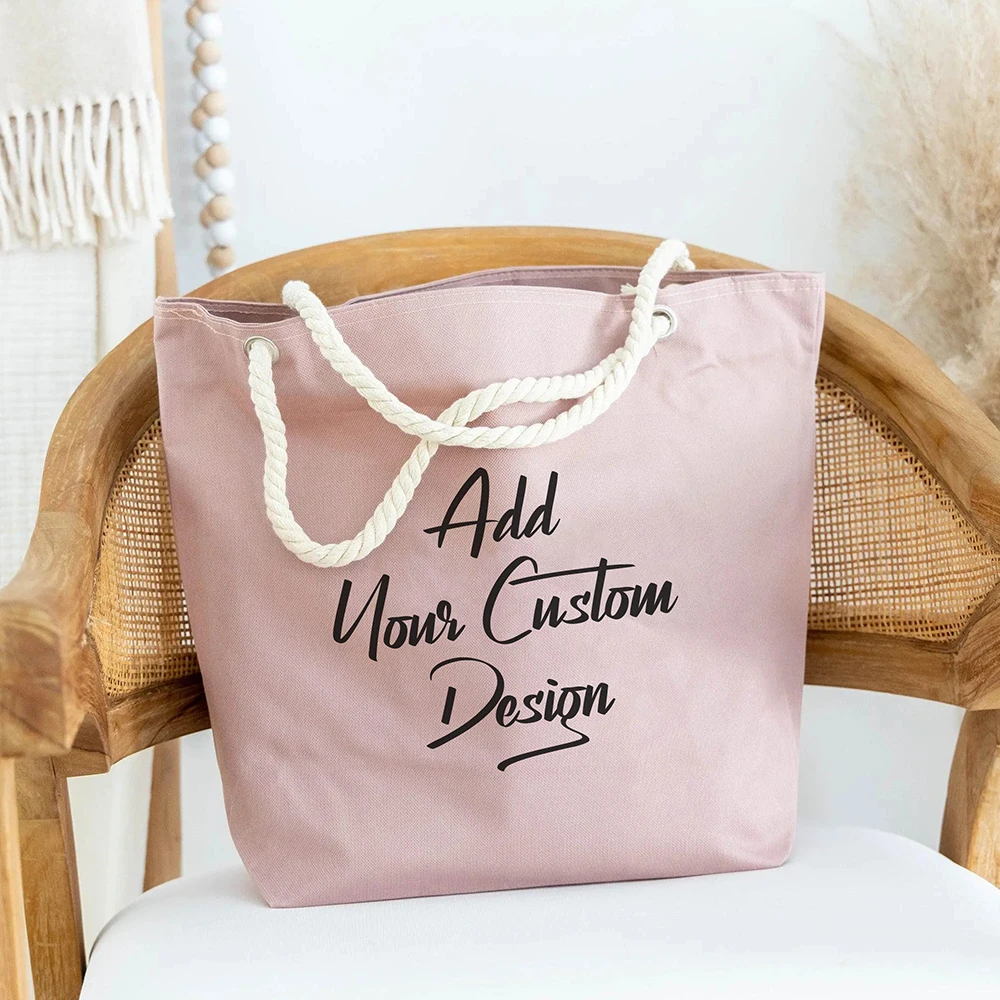 Custom Printed Logo Cotton Canvas Lady Tote Beach Bag Shoulder Shopping Bag With Cotton Rope Handle factory