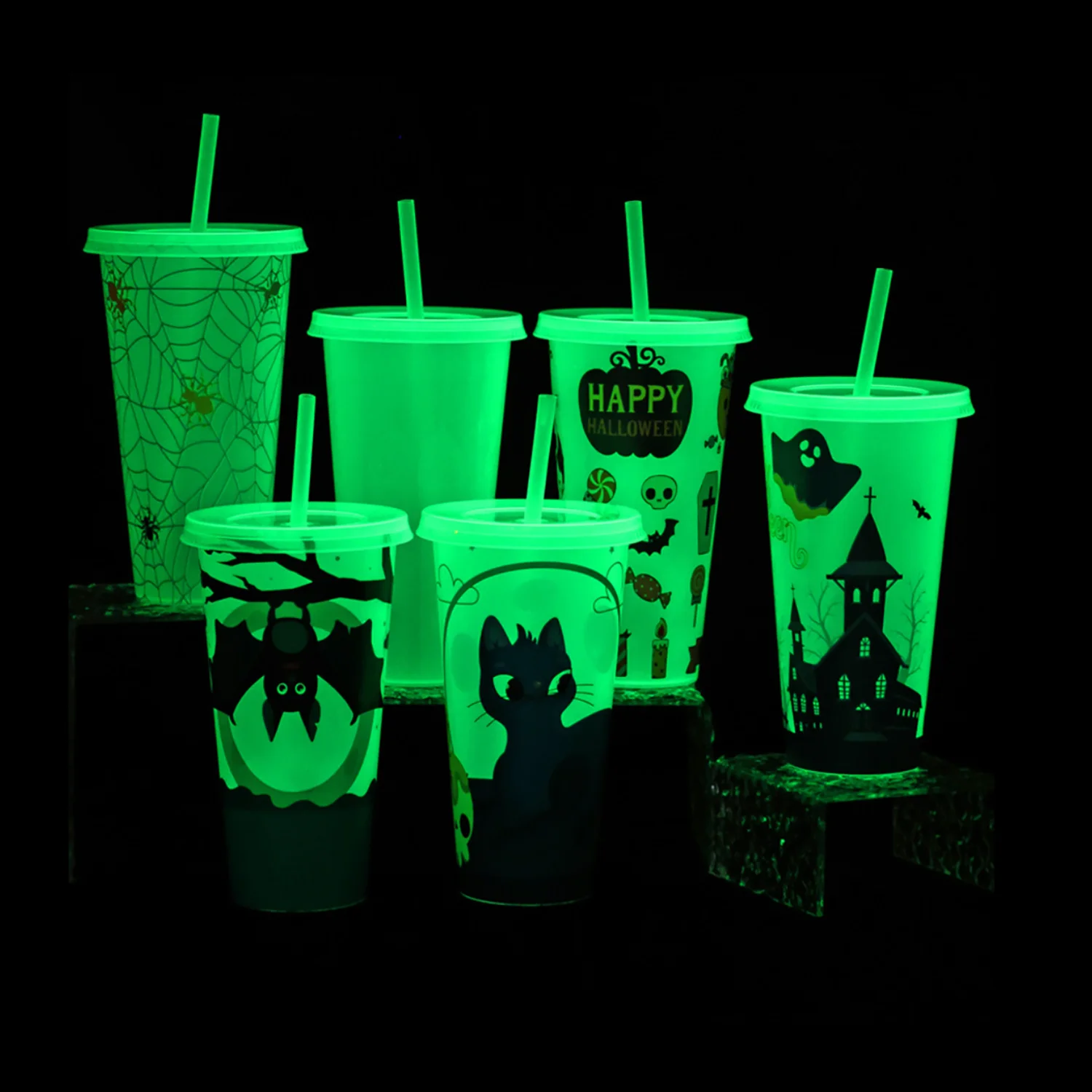 Luminous Halloween Tumbler 720ml Glow in the Dark Plastic Cup with Straw,Party Drinkware for Halloween Events
