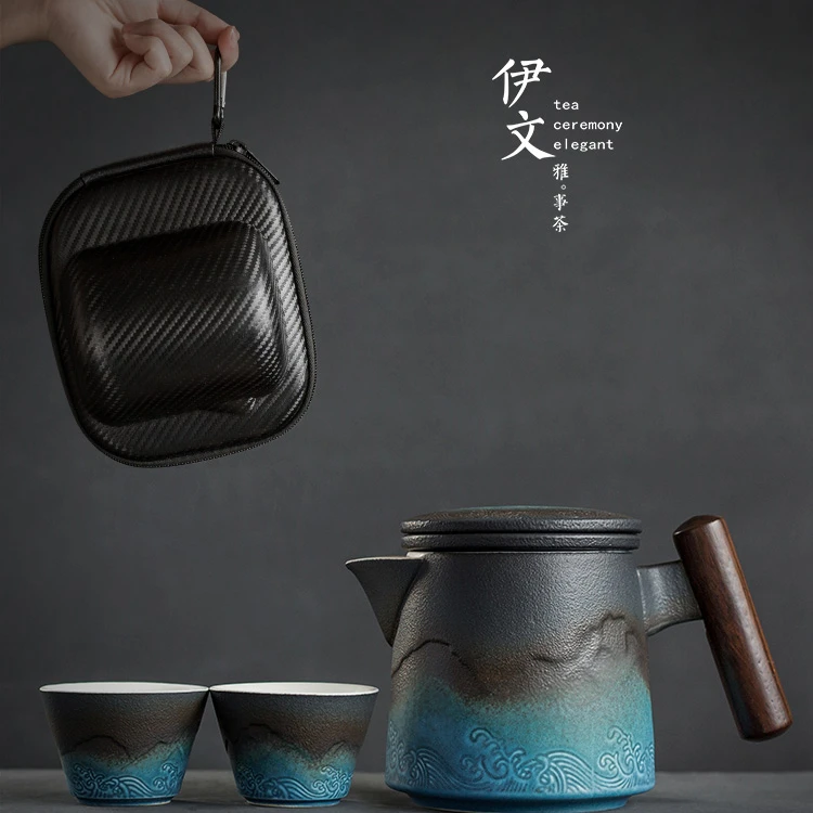 BLUE with Teapot TeacupsTea Canister Tea Tray and Travel Bag Suitable for Travel Home Outdoor and Office Chinese Style Kungfu Ceramic Portable Travel Tea Set 