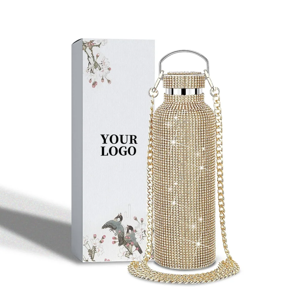 Creative Portable Handle Rhinestone Diamond Bling Bling 304 Stainless Steel Vacuum Thermos Water Bottle
