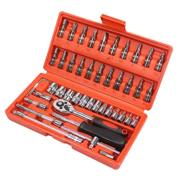 46 Pieces 1/4 Inch Car Repair Ratchet Torque Socket Wrench Mechanic Tools Box Set