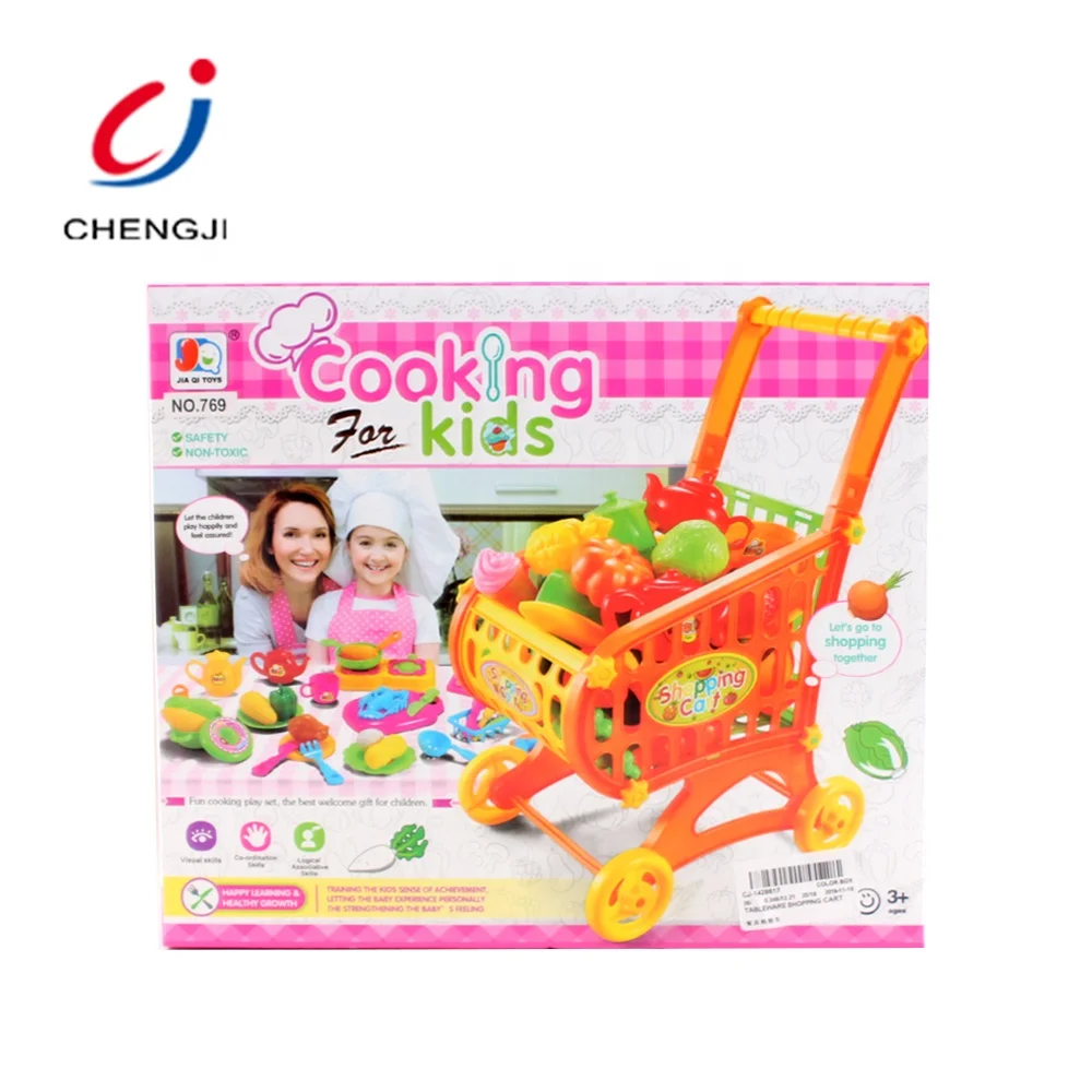 Plastic fruit delicious food preschool role play set shopping cart toy kids