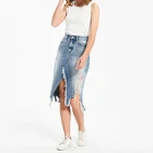 Skirts Jeans XJYD123 2020 American Denim Blue Washed Women Clothes Skirts Damaged Ripped Jeans Asymmetry Midi Skirts