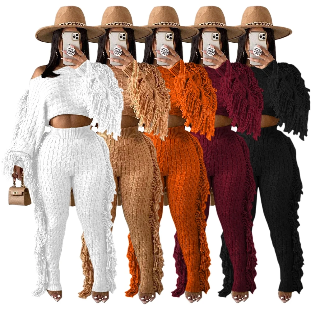 Women Pullover Fringe Sweater Suits Set 