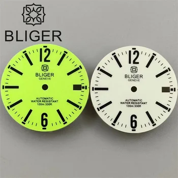 BLIGER 29mm cream-white green watch dial fit NH35 NH36 movement fit 3 o'clock crown 3.8 o'clock crown Green luminous