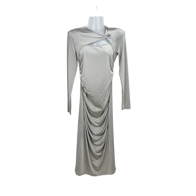 Long Sleeve beautiful pleats bodycon long dress silver maxi dress ladies western dress